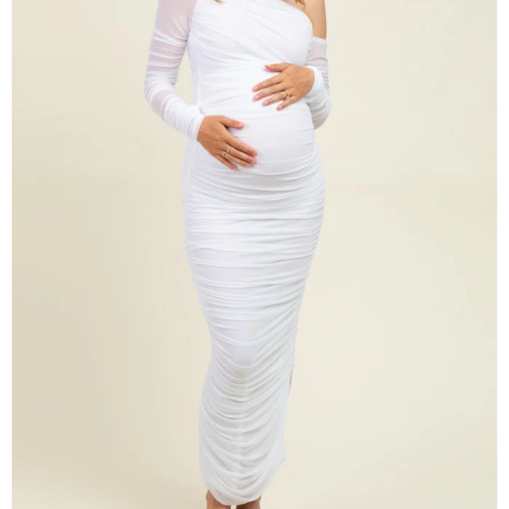 PINKBLUSH White Ruched Mesh One Shoulder Long Sleeve Maternity Maxi Dress
